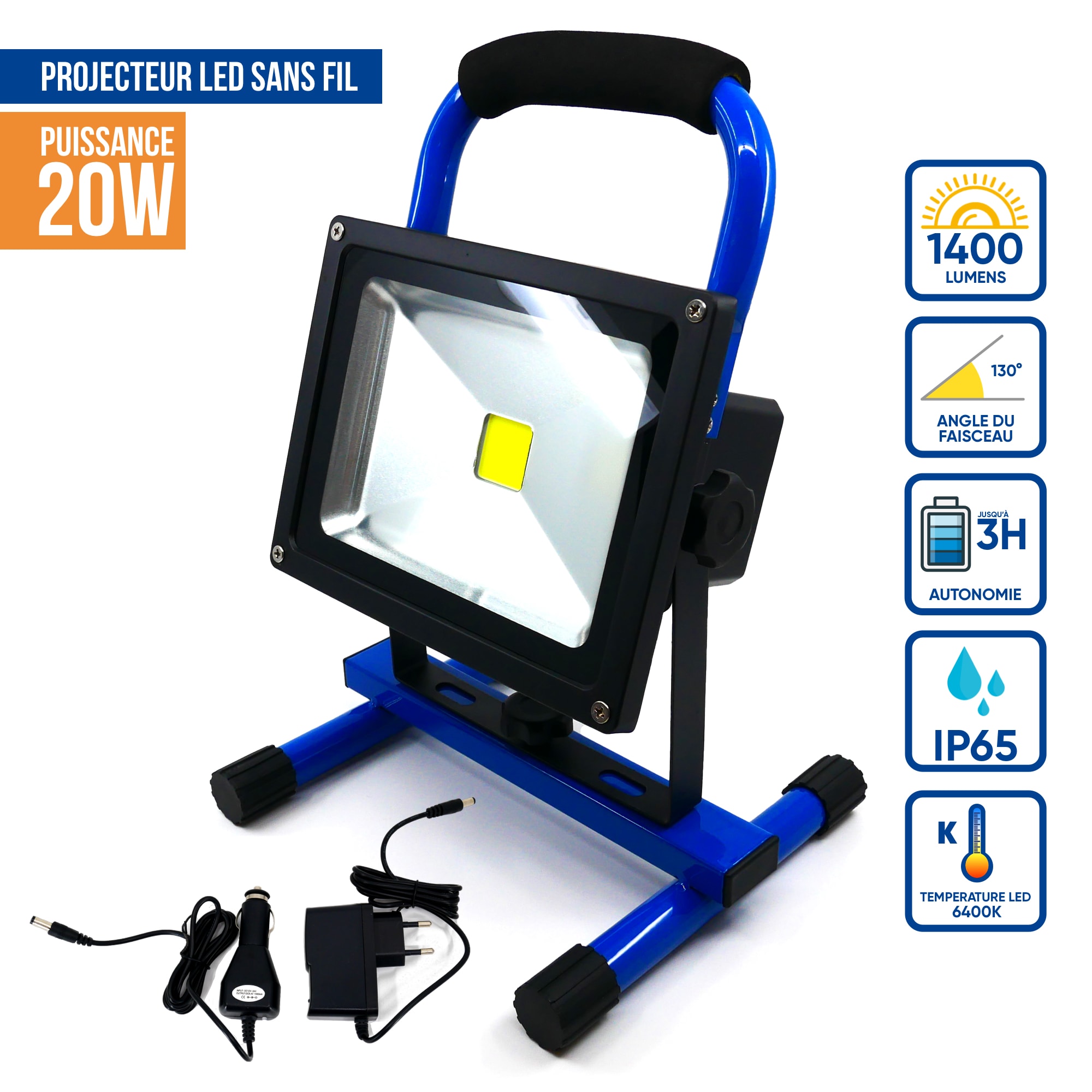 Projecteur LED 20W avec batterie 6600mA IP65 – Keli France